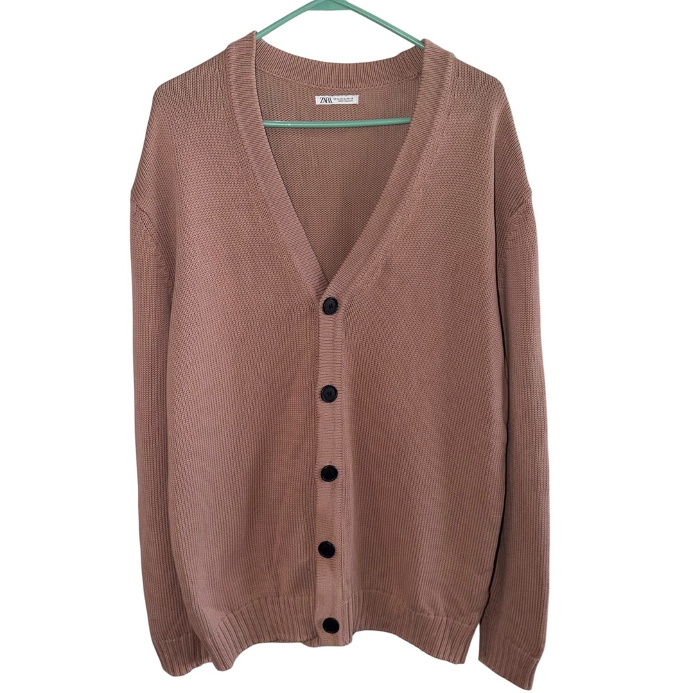 Zara Oversized Cotton Knit Cardigan XL Dusty Rose Button Front - Picture 2 of 11